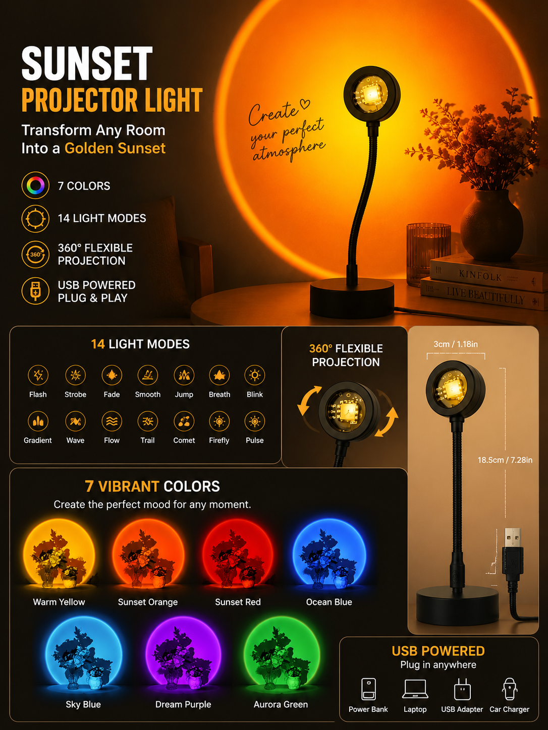 GoldenHour Sunset Projector - 7 Colors 14 Modes infographic