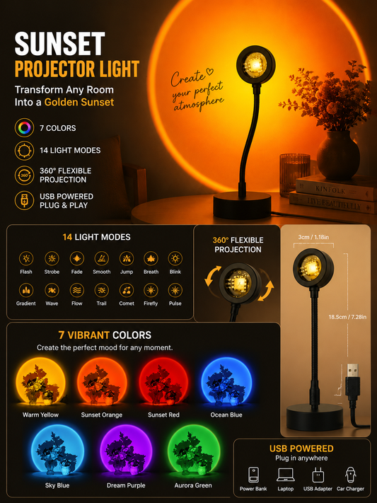 GoldenHour Sunset Projector - 7 Colors 14 Modes infographic